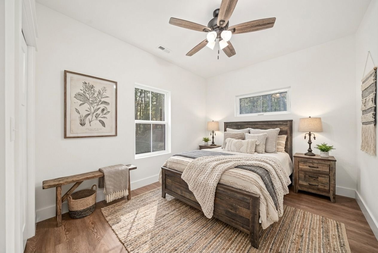 Guest bedroom with natural light and wood-look flooring